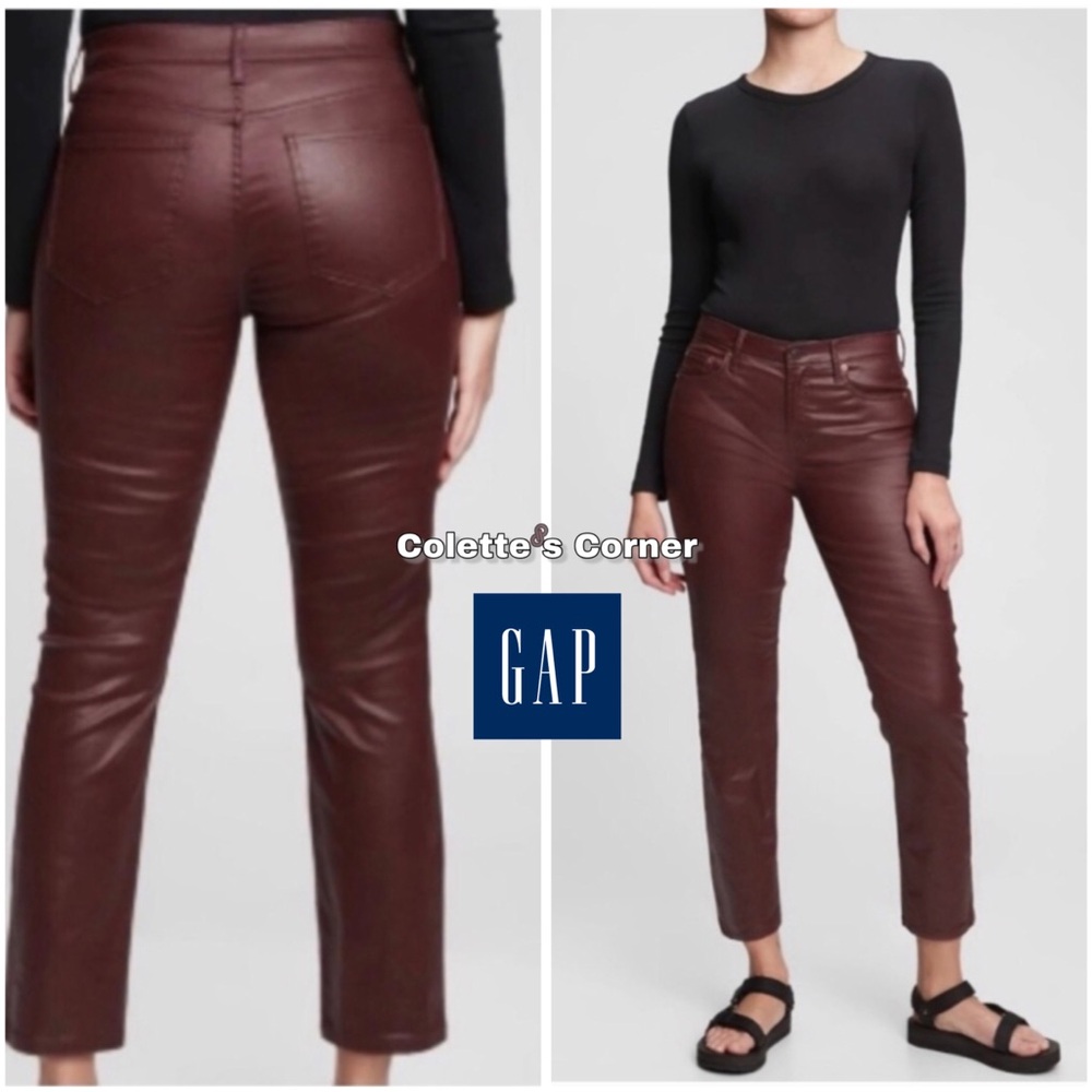Gap Vintage Moto Slim Mid Rise Burgundy Faux Leather Pants